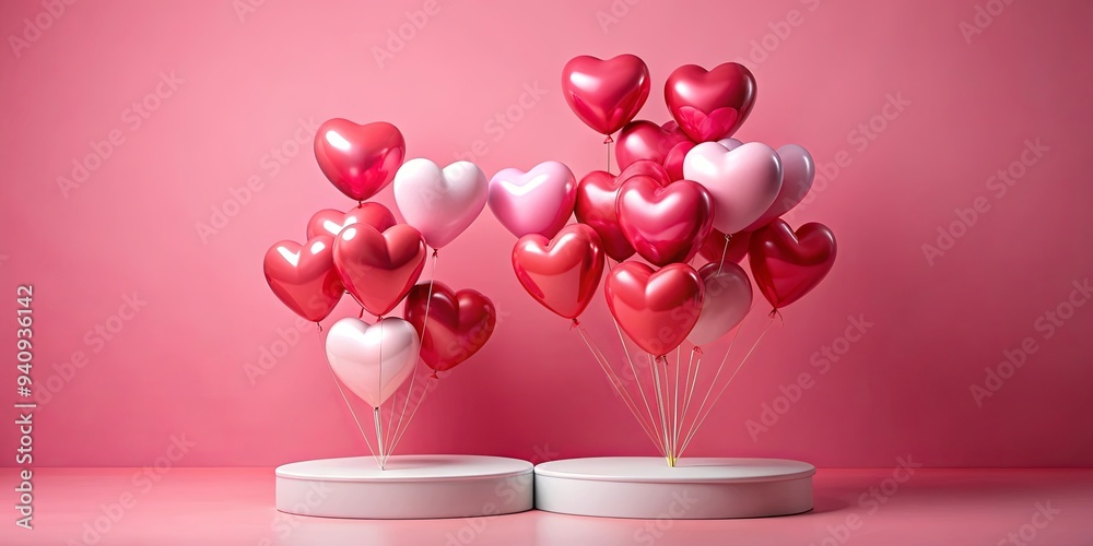 Red and pink heart balloons floating above podium on pink background, love, romance, celebration, Valentine's Day, balloons Red and pink heart balloons floating above podium on pink background, love, romance, celebration, Valentine's Day, balloons