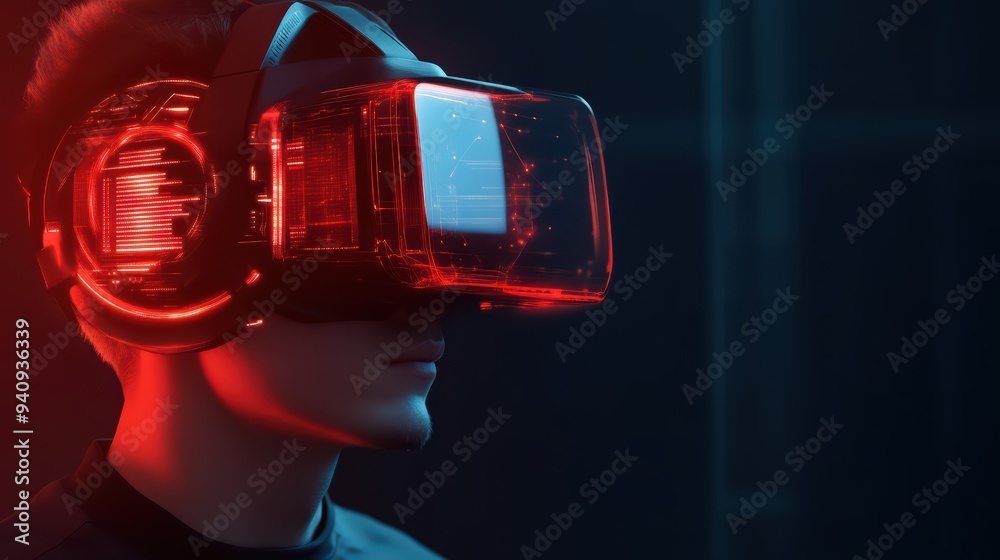 A person wearing a futuristic virtual reality headset, immersed in a digital space with a vibrant red glow. A person wearing a futuristic virtual reality headset, immersed in a digital space with a vibrant red glow.