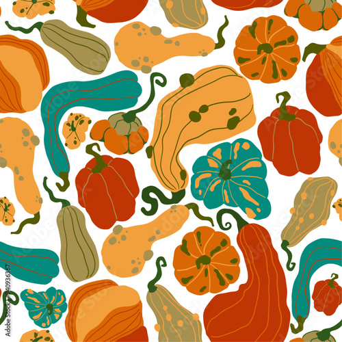 Autumn Pumpkins Seamless pattern. Harvest ornament. Hand drawn pumpkins in cartoon style. Flat background of pumpkins, squash and seeds. Autumn texture for thanksgiving, Harvest and Halloween.