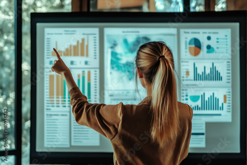 Eine Frau mit dem Rücken zur Kamera zeigt in einem Büro auf Datendiagramme auf Whiteboards. photo