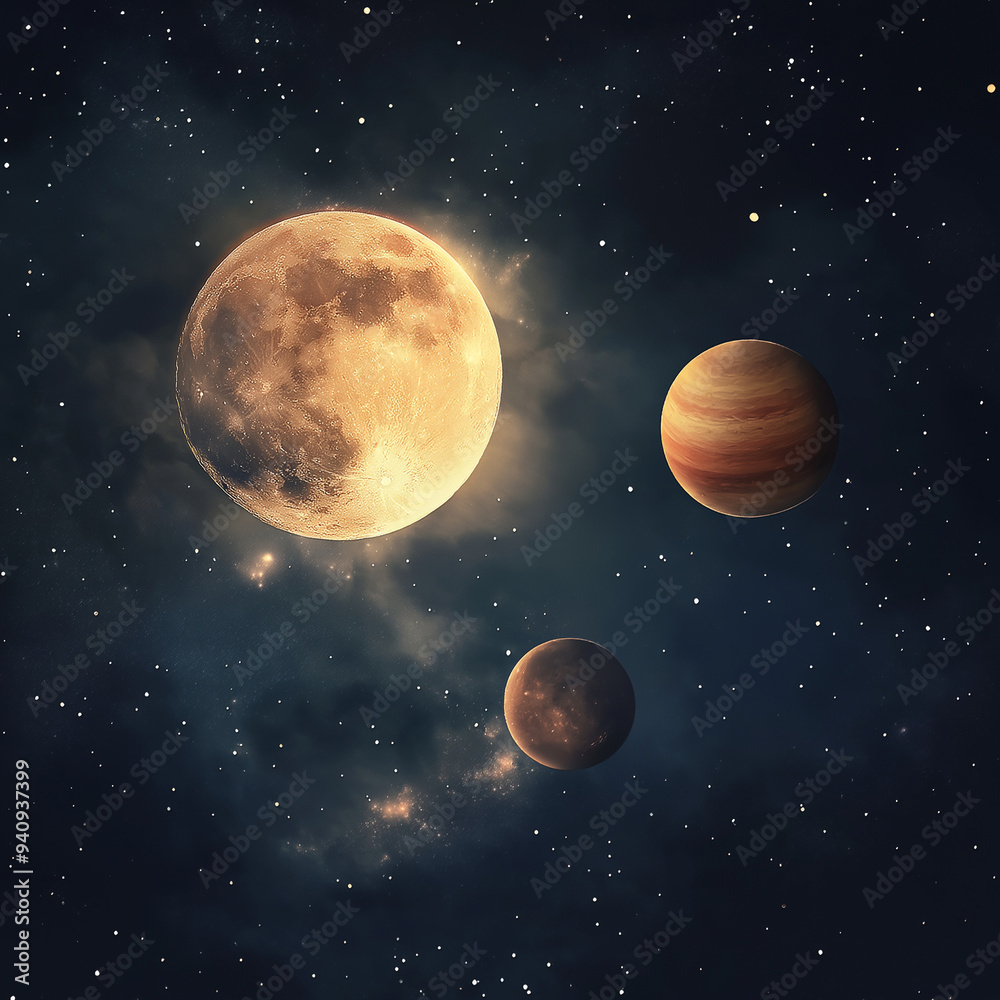 Moon, stars and planet at night with bright warm colors, ai generated image, 1:1 ratio Moon, stars and planet at night with bright warm colors, ai generated image, 1:1 ratio