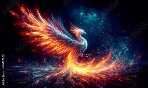 A majestic phoenix reborn from digital ashes in a blaze of holographic flames