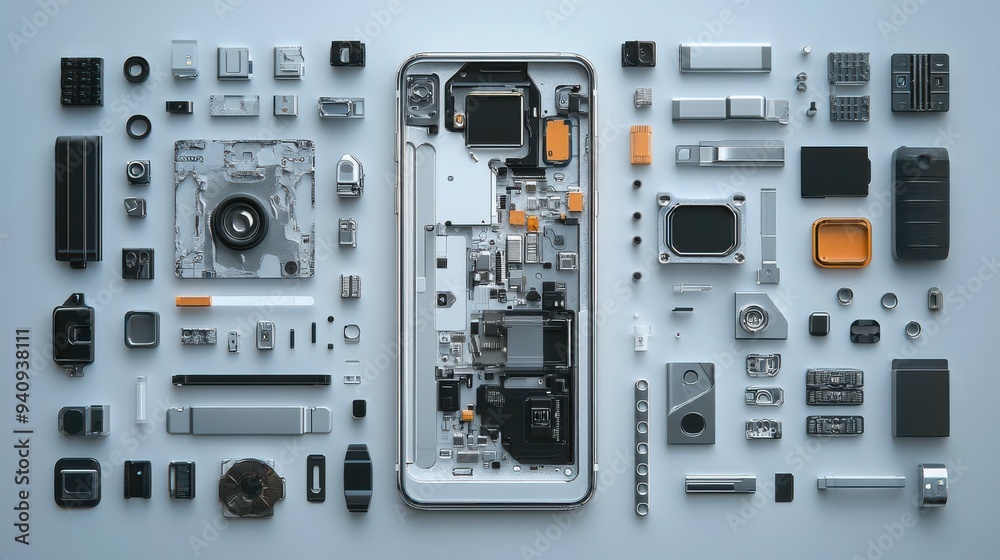 Flat lay of disassembled smartphone parts arranged neatly on a light background, showcasing technological components and intricate details.