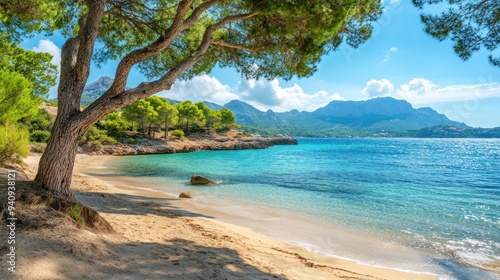 Mediterranean Beach with Turquoise Water and Mountain View