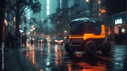 Futuristic autonomous vehicle driving through a rainy, neon-lit city street at dusk, showcasing innovative urban transportation technology.