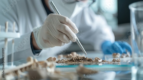 Forensic lab analyzing bone fragments with tools and equipment used to identify and piece together skeletal remains.