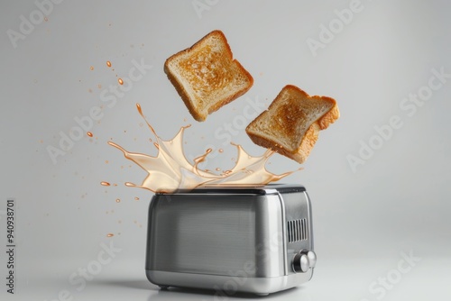 A shiny silver toaster elegantly launches perfectly toasted bread. The scene captures breakfast excitement in a modern kitchen style. Perfect for food lovers and home chefs. Generative AI photo