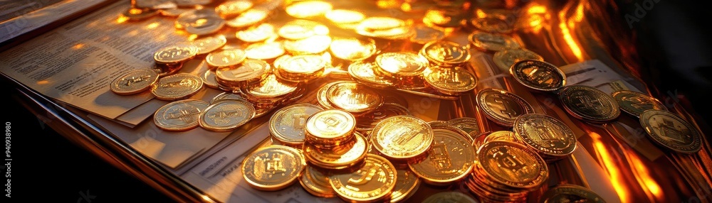 A stunning collection of gleaming coins reflecting warm sunlight, creating an enchanting atmosphere of wealth and prosperity. A stunning collection of gleaming coins reflecting warm sunlight, creating an enchanting atmosphere of wealth and prosperity.