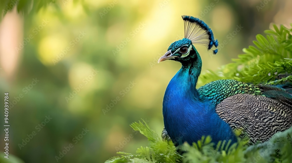 Obraz premium A tight shot of a peacock perched in a tree against a softly blurred background