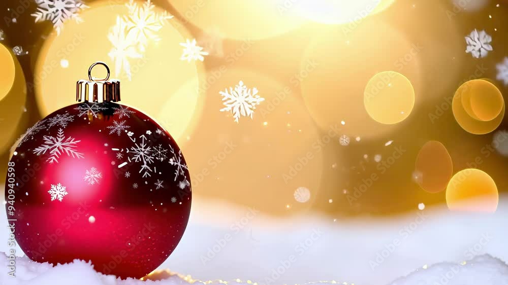 Red Christmas Ornament with Snowflakes on Snow Background with Golden Bokeh Lights. Concept of Holiday Season, Festive Decorations, Winter Celebrations. Greeting card, postcard. Copy space. Red Christmas Ornament with Snowflakes on Snow Background with Golden Bokeh Lights. Concept of Holiday Season, Festive Decorations, Winter Celebrations. Greeting card, postcard. Copy space.