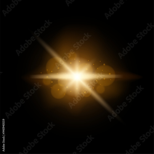 Sunrise special overlay effect. Vector lens flare light, warm sun rays flash, glow star burst, shiny sun glare with sparkles and nebula, yellow sunlight in black space.