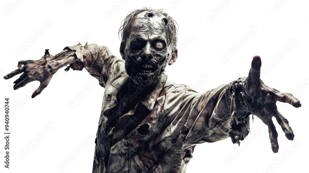 Scary zombie isolated on transparent background. Undead, creepy monster. Halloween and horror concept. Scary zombie isolated on transparent background. Undead, creepy monster. Halloween and horror concept.