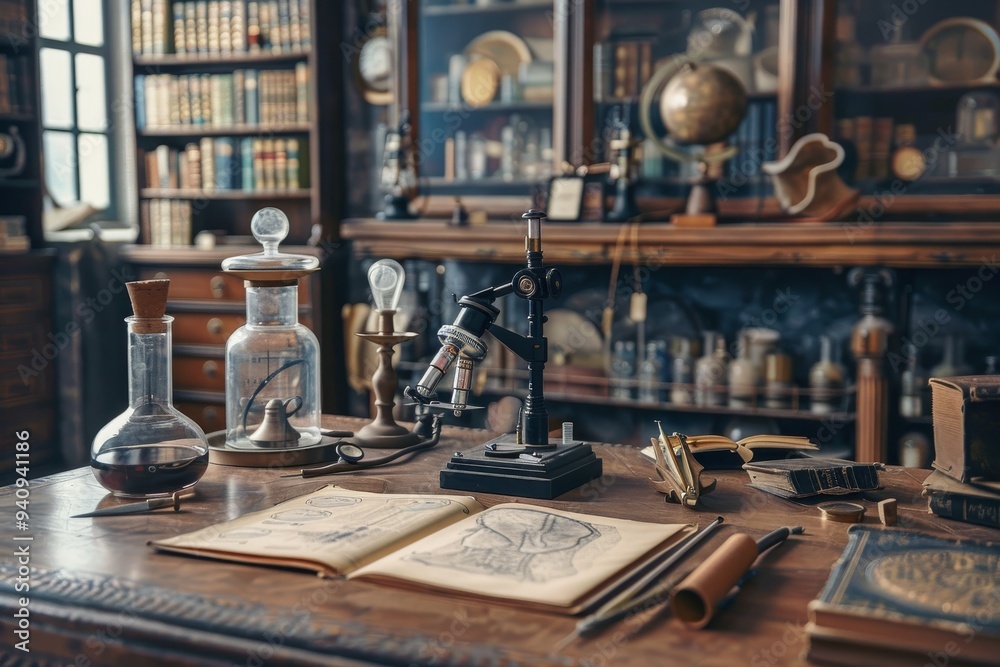 An old-fashioned laboratory featuring a microscope and a collection of books on a wooden table, evoking a sense of history, The evolution of medical science through history, AI generated An old-fashioned laboratory featuring a microscope and a collection of books on a wooden table, evoking a sense of history, The evolution of medical science through history, AI generated