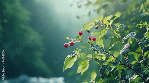  A red-berry branch precedes green foliage against a backdrop of tranquil water photo