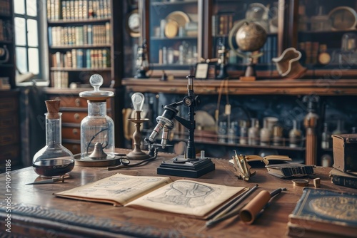 An old-fashioned laboratory featuring a microscope and a collection of books on a wooden table, evoking a sense of history, The evolution of medical science through history, AI generated