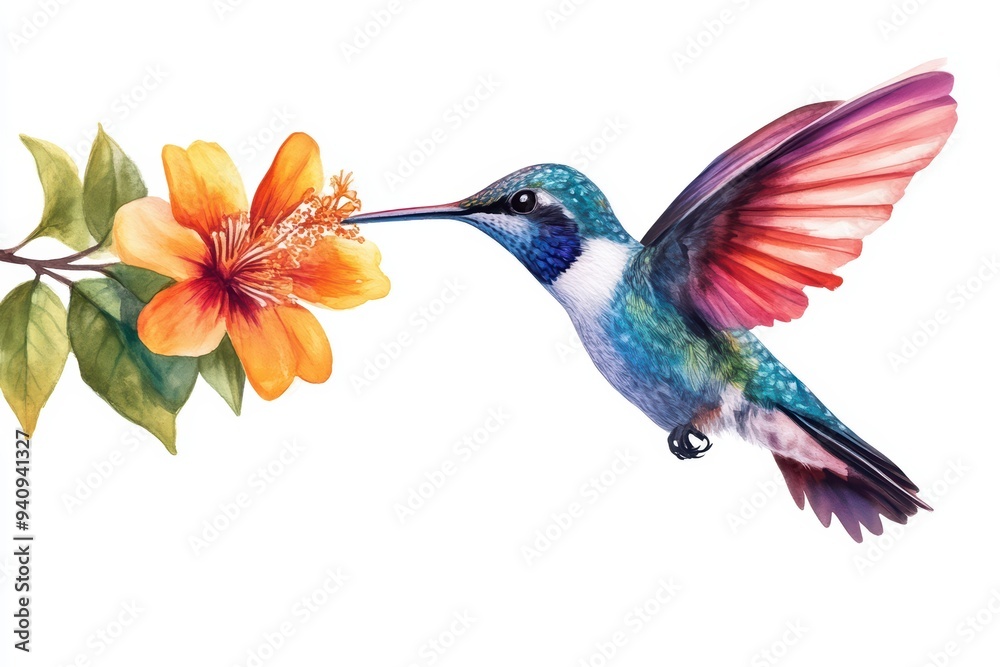 Obraz premium A vibrant hummingbird feeds on a colorful flower, showcasing nature's beauty and intricate details.