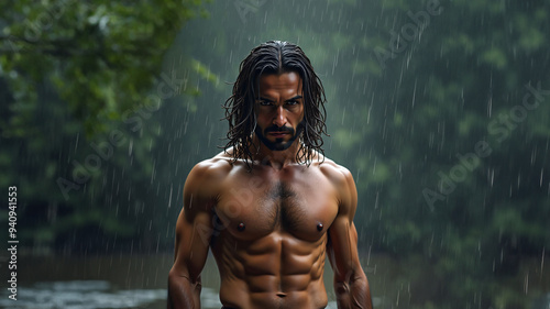 shirtless man with long hair in the rain and a combative look 