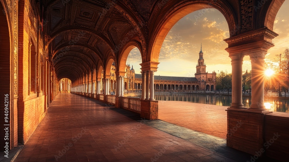 Fototapeta premium A tranquil evening at Seville's Plaza de Espan, with the setting sun casting a magical glow over the iconic arches and bridges.