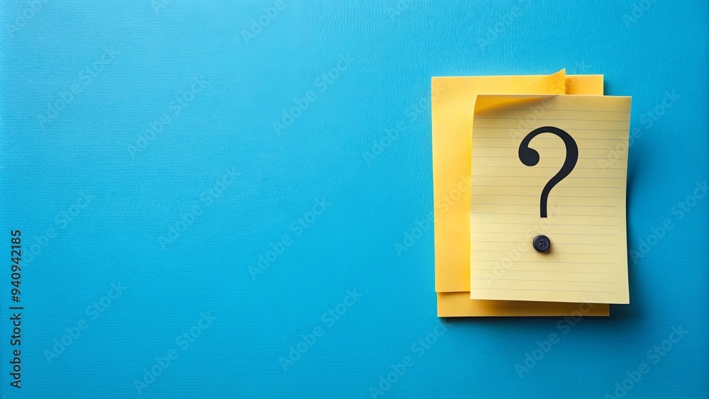 Note paper with question marks on panoramic blue background, question marks, blue background, note paper Note paper with question marks on panoramic blue background, question marks, blue background, note paper