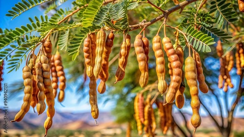 Close-up of ripe edible mesquite beans hanging from a tree in the Mojave Desert, California, USA , mesquite, beans, edible, tree photo