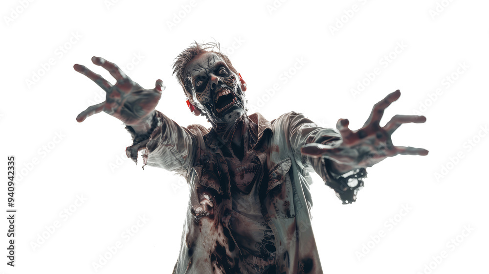 Scary zombie isolated on transparent background. Undead, creepy monster. Halloween and horror concept. Scary zombie isolated on transparent background. Undead, creepy monster. Halloween and horror concept.