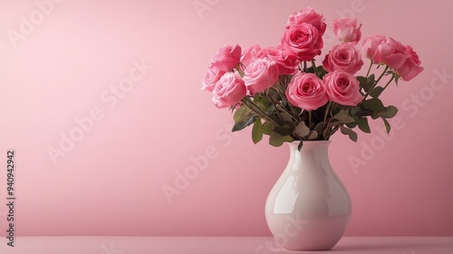 A vase of pink roses with a pink wall background, capturing the softness and beauty of a monochromatic design.