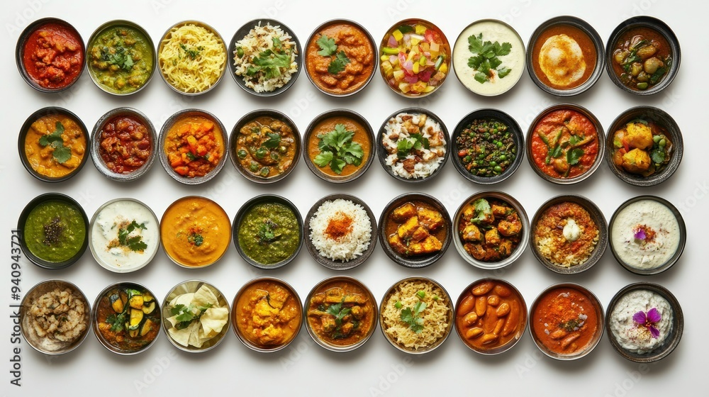 A vibrant collection of Indian meals viewed from above, highlighting the diversity and richness of Indian cuisine on a white backdrop. A vibrant collection of Indian meals viewed from above, highlighting the diversity and richness of Indian cuisine on a white backdrop.