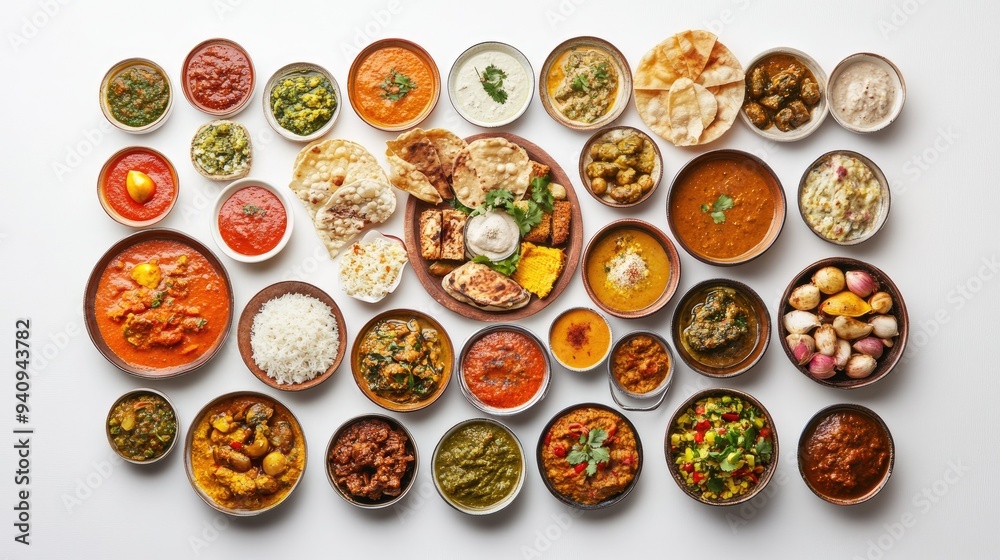 A vibrant collection of Indian meals viewed from above, highlighting the diversity and richness of Indian cuisine on a white backdrop. A vibrant collection of Indian meals viewed from above, highlighting the diversity and richness of Indian cuisine on a white backdrop.