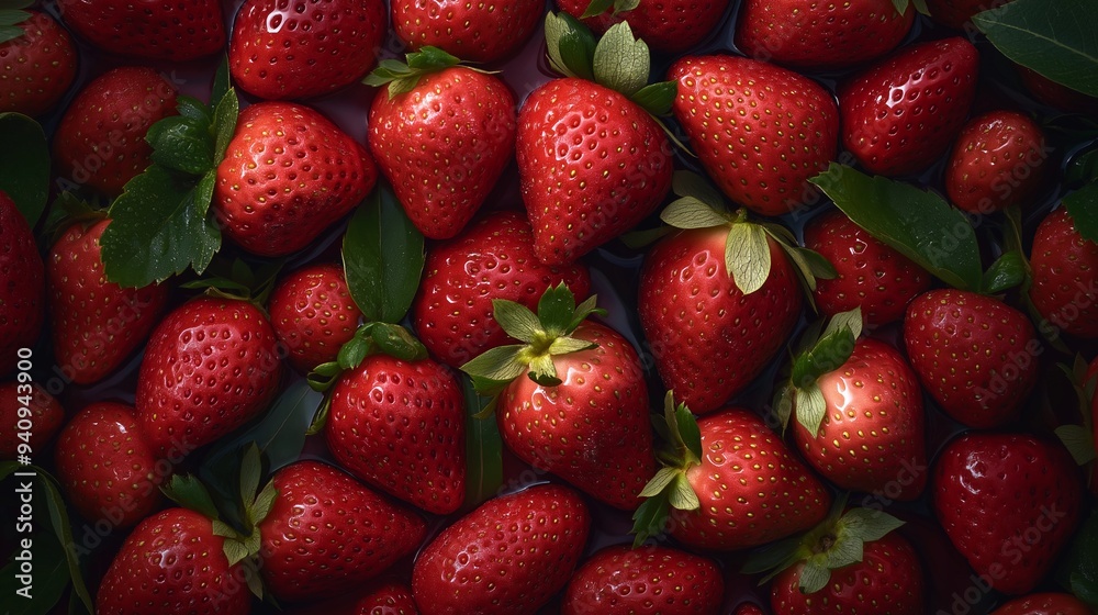 Top view of fresh strawberries with leaves, wet and shiny Top view of fresh strawberries with leaves, wet and shiny