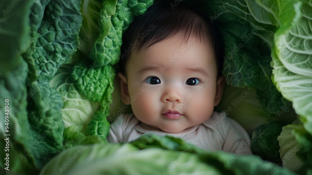 Newborn asian baby lying in fresh green cabbage. Cute funny child. Top view Happy childhood Newborn asian baby lying in fresh green cabbage. Cute funny child. Top view Happy childhood