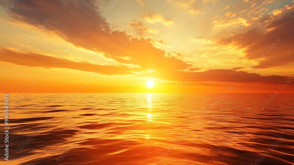 Obraz premium Golden sunset over a calm sea, clear weather, warm glow on the horizon