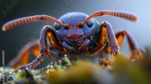  A detailed view of a blue insect with long legs; its back legs feature orange tips photo