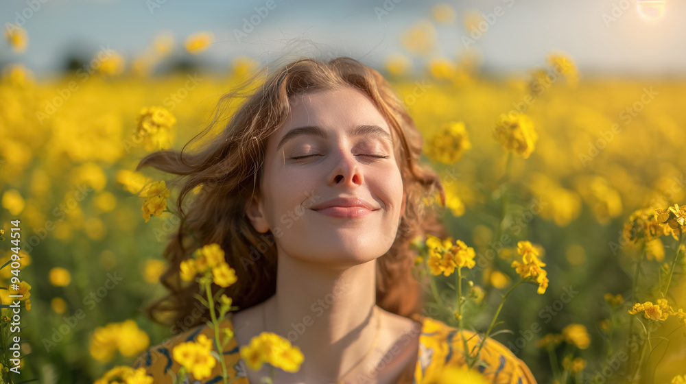 Woman stands in a field of yellow flowers with eyes closed, smiling peacefully as she enjoys the warmth and beauty of the surroundings.
