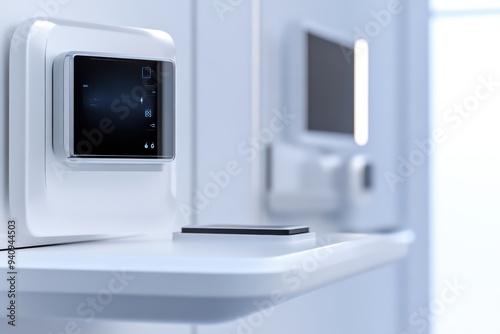 Close-up view of modern technology on a sleek white shelf, showcasing smart devices and minimalistic design in a contemporary environment. photo