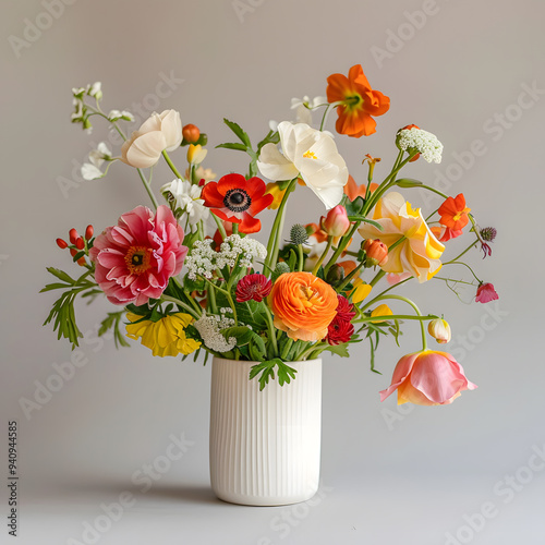 bouquet of flowers on the ceramic vase, orange, white, yellow and red colors