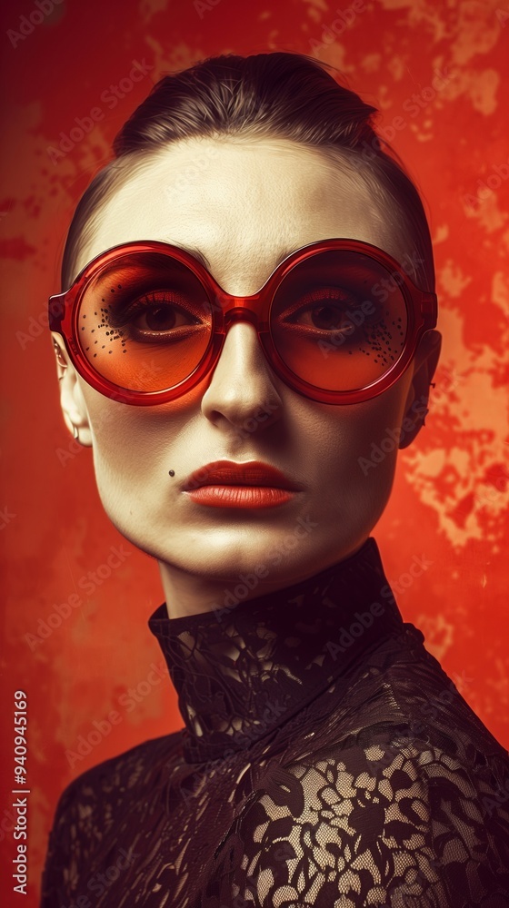 Captivating Portrait of a Chic and Stylish Woman in Dramatic Red Sunglasses