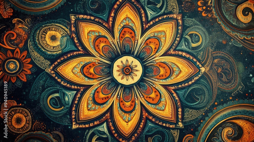 A vibrant paisley pattern with intricate details, featuring a beautiful flower in the center, blending traditional and modern styles. A vibrant paisley pattern with intricate details, featuring a beautiful flower in the center, blending traditional and modern styles.