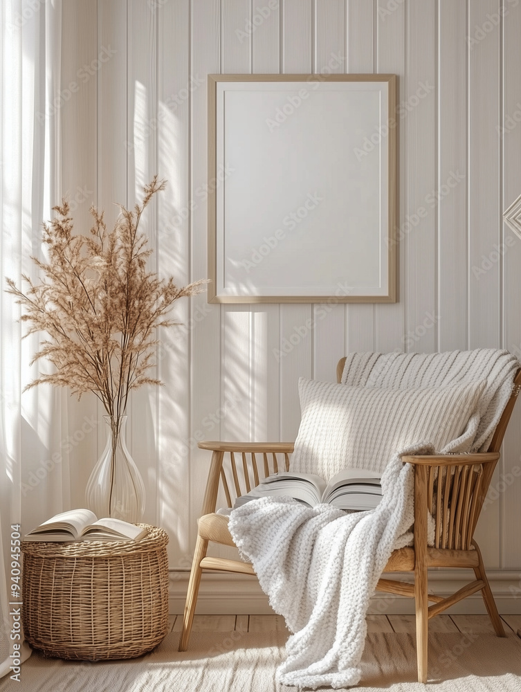 Obraz premium Blank frame mockup on the wall of a living room with neutral tones and cozy furniture, wooden accents, a white fur chair beside it