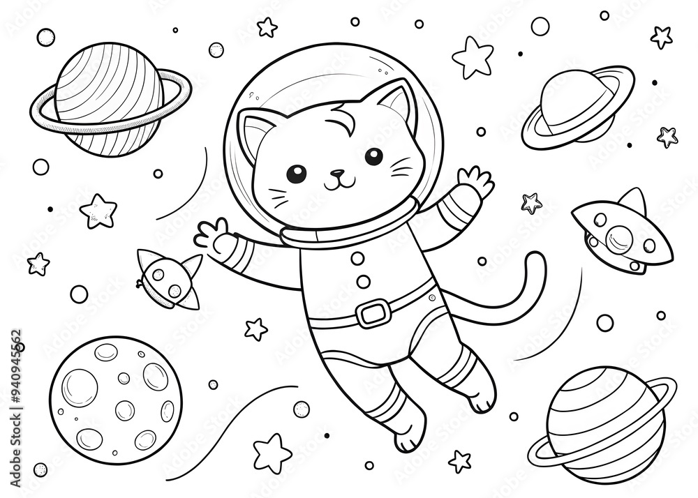 Fototapeta Hand drawn kawaii coloring book with cat astronaut AI generated