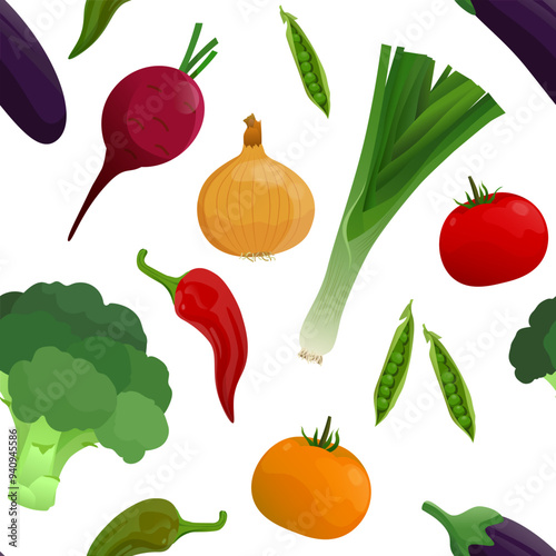 Cabbage, pepper, tomato, onion, peas isolated on a white background. Seamless vector pattern with vector vegetables.