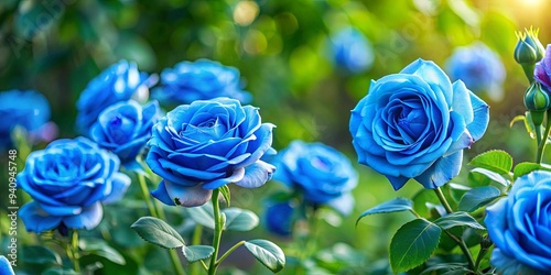 Blue roses blooming in a lush garden, blue roses, garden, flowers, nature, beautiful, vibrant, petals, plant, botanical, flora