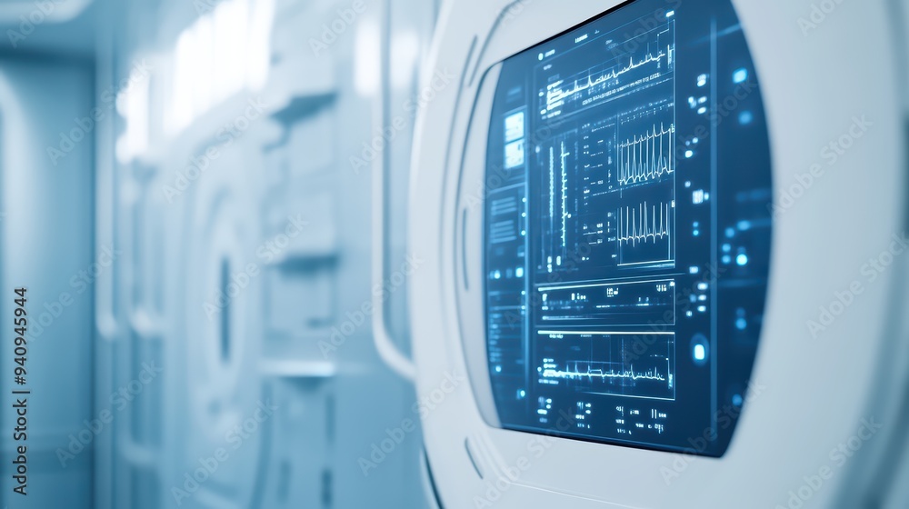Fototapeta premium Futuristic control panel display showcasing advanced data analysis and monitoring in a high-tech environment.