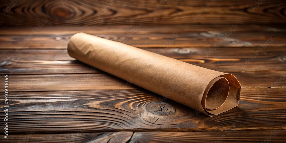 A close-up shot of a brown paper roll on a rustic wooden surface , paper, roll, craft, wooden, background A close-up shot of a brown paper roll on a rustic wooden surface , paper, roll, craft, wooden, background