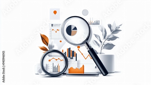 Exploring Market Research Methods Surveys, Focus Groups, Data Analysis Icons with Charts and Magnifying Glasses Illustration. Marketing growth planning concept