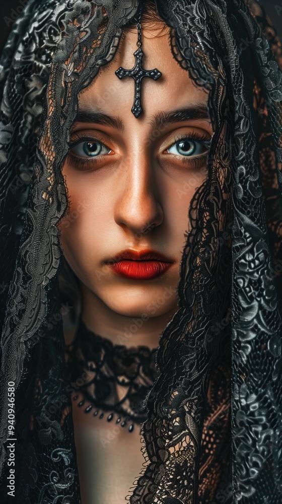 Elegant and Mysterious Woman in Ornate Veil and Headpiece with Cross Jewelry