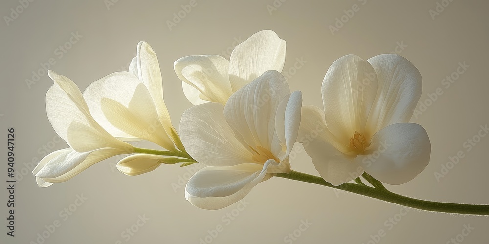 Fototapeta premium A light, gentle abstract background featuring a branch of white freesia flowers with ample copy space