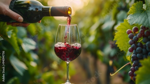 A hand pouring rich red wine into a glass amidst lush vineyards, capturing the essence of fine wine and serene landscapes.