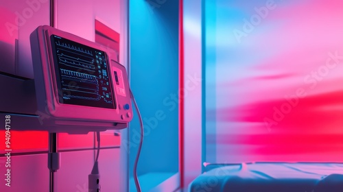 Futuristic hospital room with colorful lighting and advanced medical equipment, creating a calming and modern atmosphere. photo