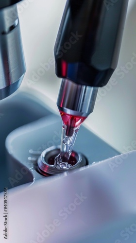 Wallpaper Mural Microscope focused, dropper dispensing red liquid for analysis. Creates professional, meticulous atmosphere. Experiment likely in progress. Torontodigital.ca