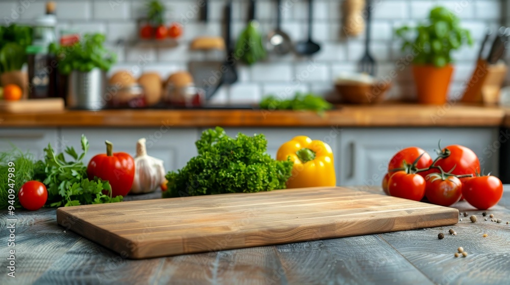 A vibrant kitchen scene featuring fresh vegetables on a wooden countertop, perfect for cooking and healthy meal preparation.